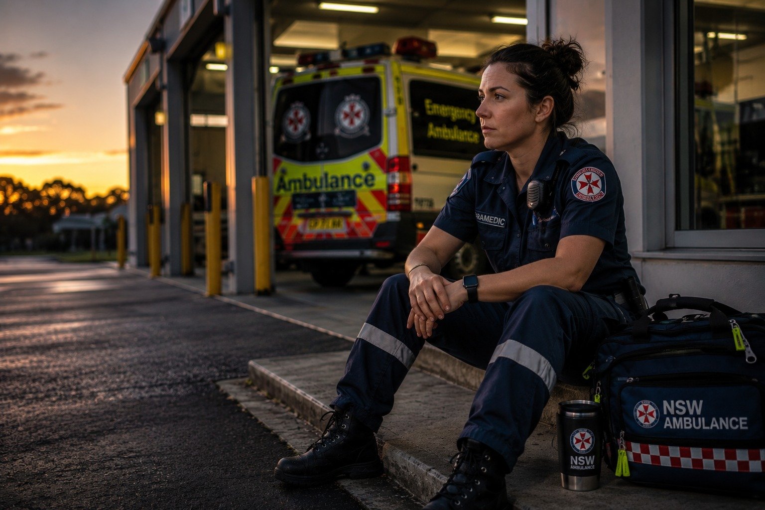 NSW paramedic sitting alone after shift outside an ambulance station