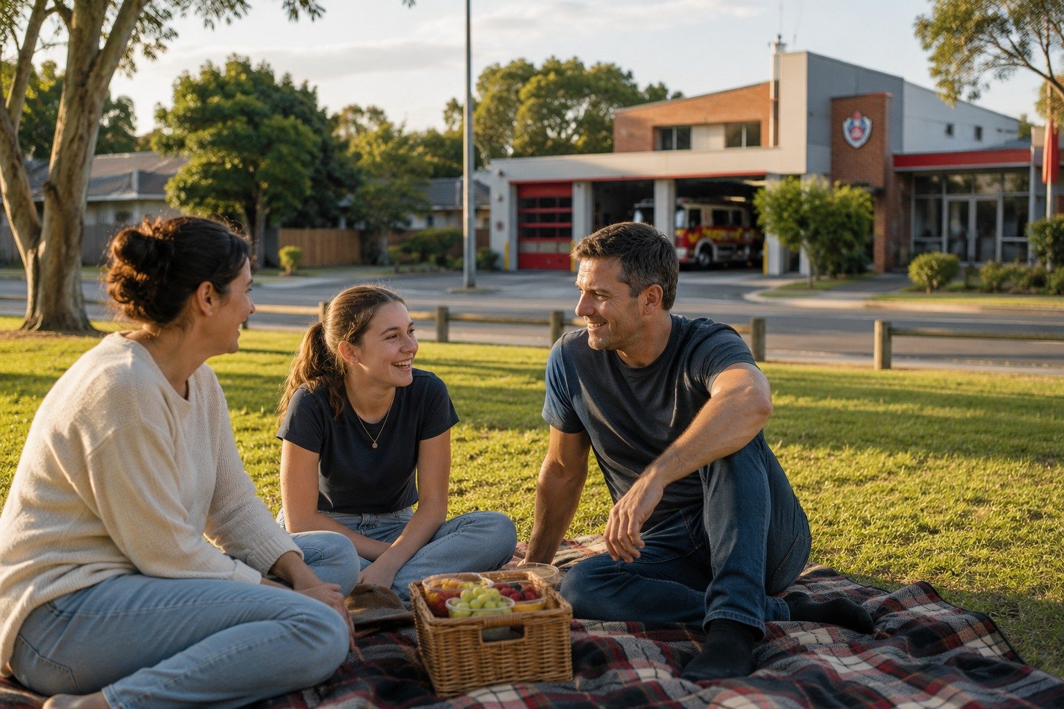 Australian family picnic near a Fire and Rescue NSW station representing recovery and reconnection