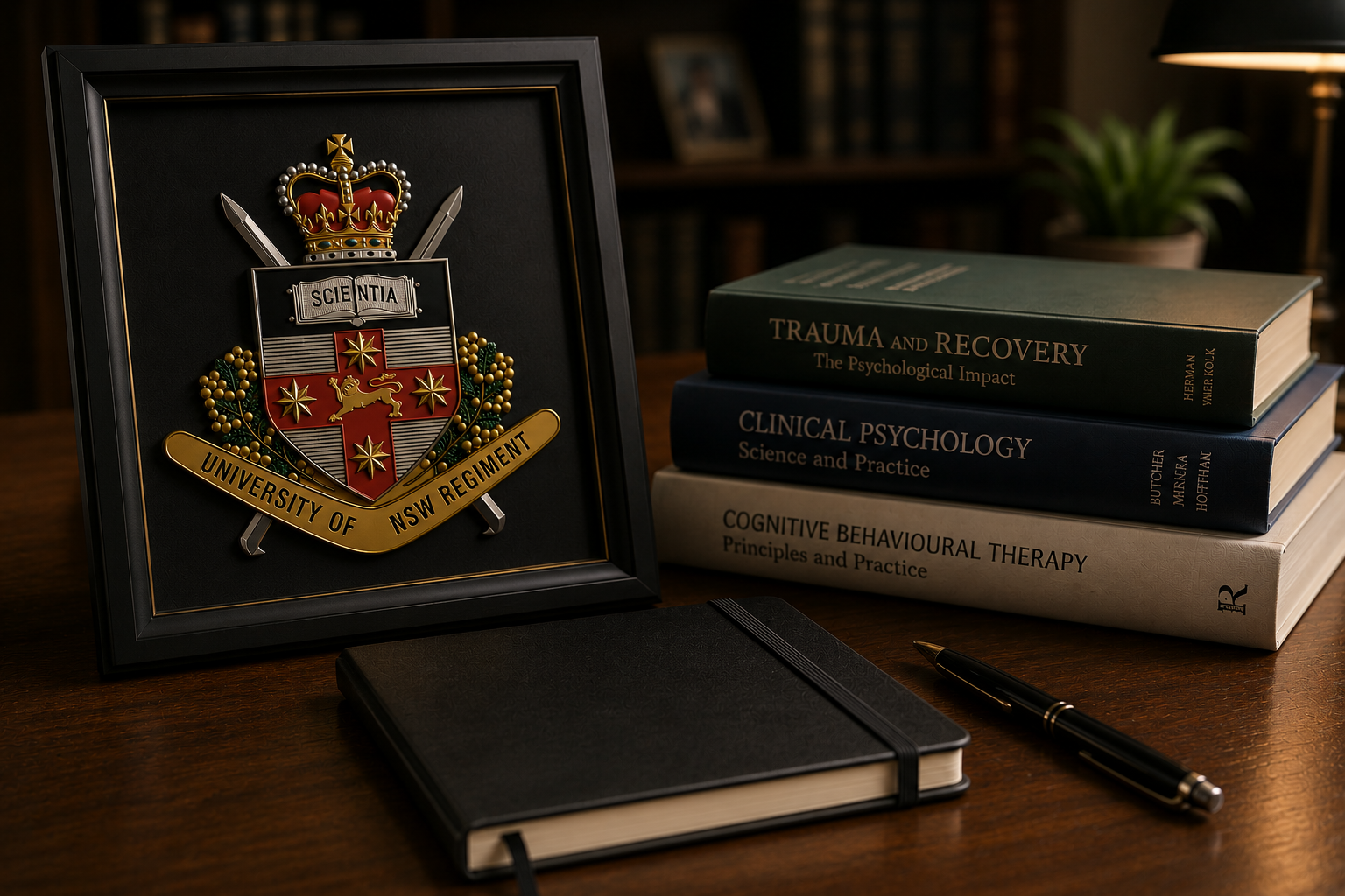 University of NSW Regiment badge alongside psychology texts and professional practice materials
